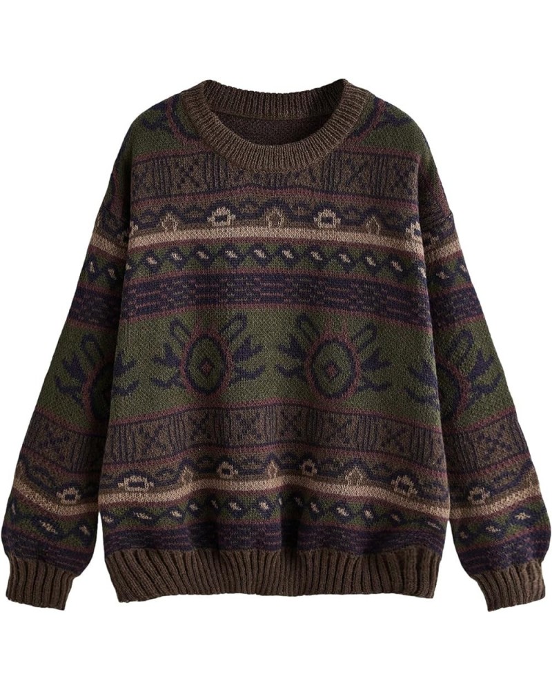 Women's Oversized Skeleton Pattern Ripped Round Neck Sweater Pullover Brown-geometric Print $16.88 Sweaters