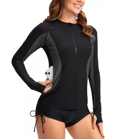 Women's Rash Guard Zipper Pockets UPF50+ Sun Protection Long Sleeve Swimsuit Top Zip Front Swim Shirt for Women Black Dark Gr...