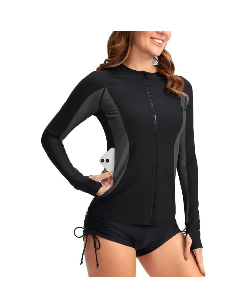 Women's Rash Guard Zipper Pockets UPF50+ Sun Protection Long Sleeve Swimsuit Top Zip Front Swim Shirt for Women Black Dark Gr...