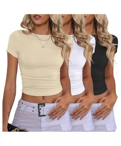 3 Pcs Women's Short Sleeve Crop Tops, Boat Neck Slim Fitted Cropped Shirts Workout Basic Tops Black, White, Apricot $15.17 T-...