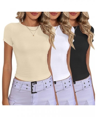 3 Pcs Women's Short Sleeve Crop Tops, Boat Neck Slim Fitted Cropped Shirts Workout Basic Tops Black, White, Apricot $15.17 T-...