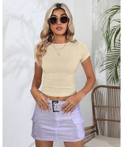 3 Pcs Women's Short Sleeve Crop Tops, Boat Neck Slim Fitted Cropped Shirts Workout Basic Tops Black, White, Apricot $15.17 T-...