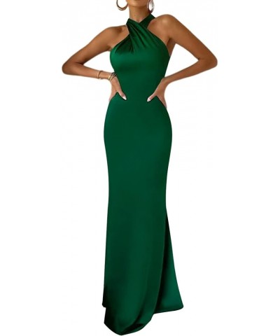 Women's Satin Halter Neck Sleeveless Backless Ruched Mermaid Prom Maxi Dress Solid Dark Green $24.36 Dresses