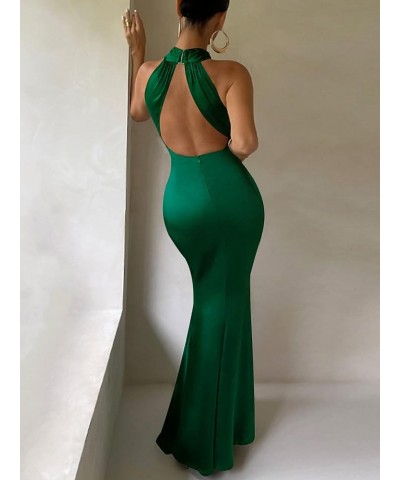 Women's Satin Halter Neck Sleeveless Backless Ruched Mermaid Prom Maxi Dress Solid Dark Green $24.36 Dresses