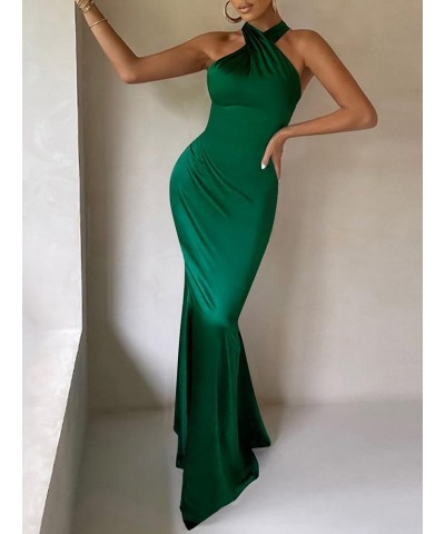 Women's Satin Halter Neck Sleeveless Backless Ruched Mermaid Prom Maxi Dress Solid Dark Green $24.36 Dresses