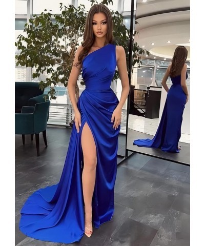 One Shoulder Bridesmaid Dresses for Wedding Satin Ball Gowns for Women Mermaid Formal Prom Evening Gowns with Slit Dusty Blue...