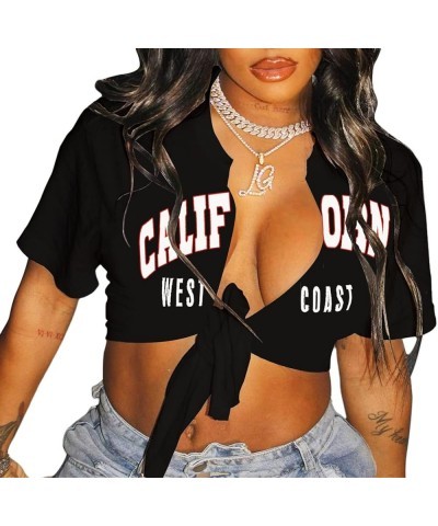 Sexy Graphic Crop Tops for Women Summer Short Sleeve Tie up Tee Shirt Ca Black $13.67 T-Shirts