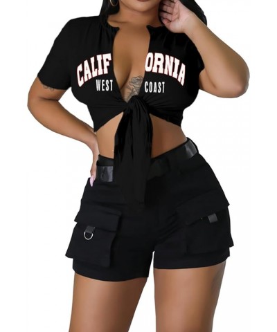 Sexy Graphic Crop Tops for Women Summer Short Sleeve Tie up Tee Shirt Ca Black $13.67 T-Shirts