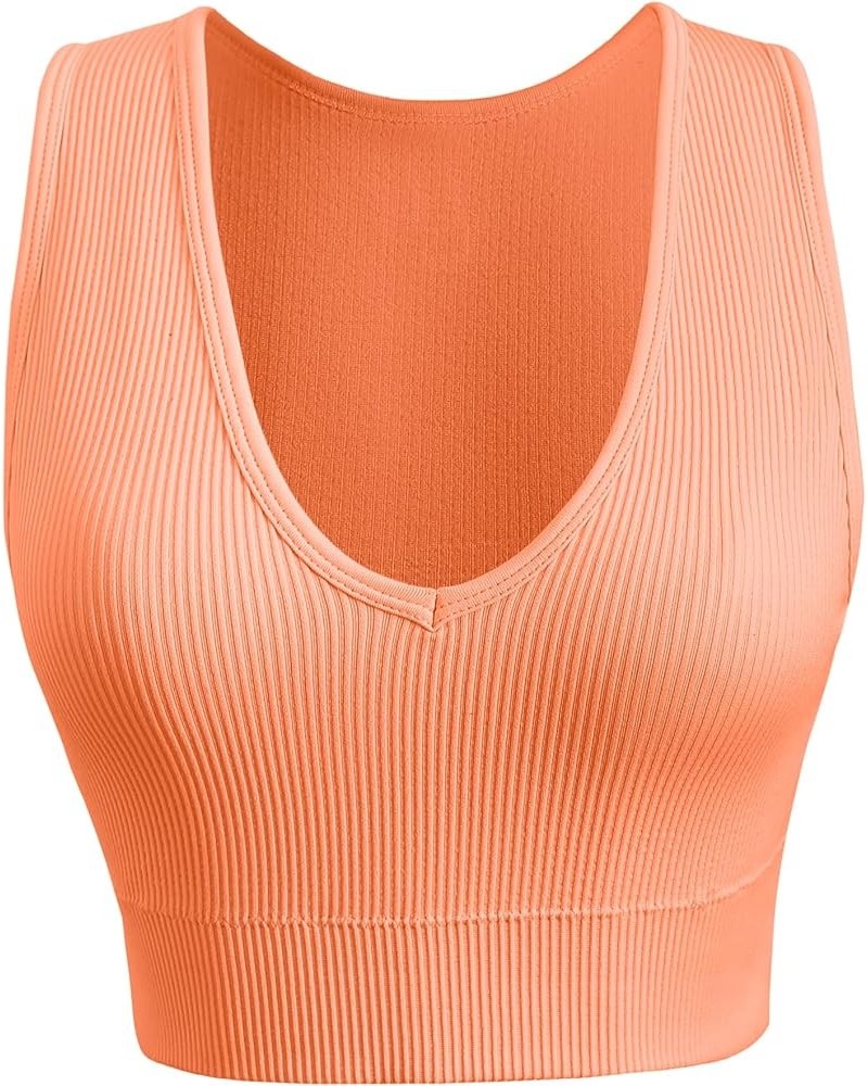 Women's 3 Pack Ribbed Racerback Crop Tank Top Seamless V-Neck Athletic Workout Cropped Tank Top Set Neon Pink $11.75 Tops