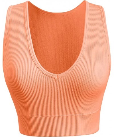 Women's 3 Pack Ribbed Racerback Crop Tank Top Seamless V-Neck Athletic Workout Cropped Tank Top Set Neon Pink $11.75 Tops