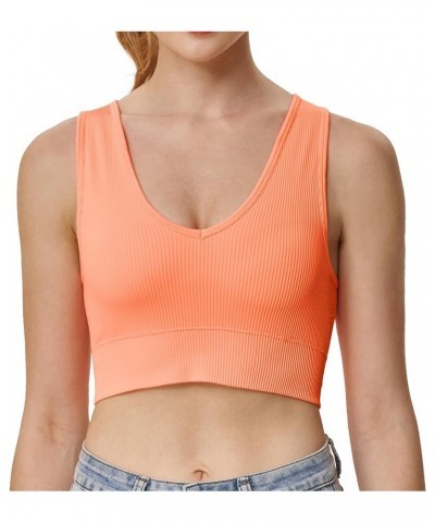 Women's 3 Pack Ribbed Racerback Crop Tank Top Seamless V-Neck Athletic Workout Cropped Tank Top Set Neon Pink $11.75 Tops