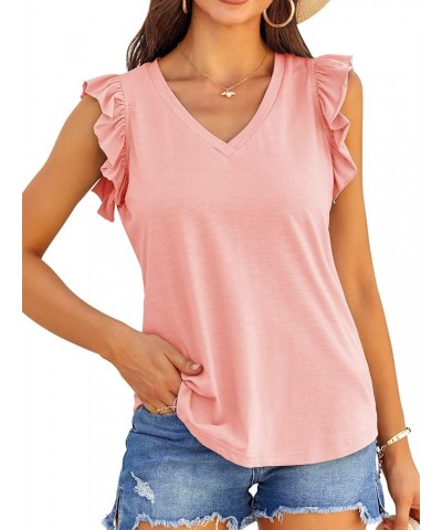 Womens Casual V Neck Blouse Tops Frilled Ruffles Solid Sleeveless Tanks Pink $10.80 Tanks