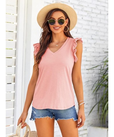 Womens Casual V Neck Blouse Tops Frilled Ruffles Solid Sleeveless Tanks Pink $10.80 Tanks