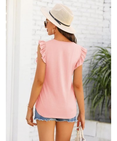 Womens Casual V Neck Blouse Tops Frilled Ruffles Solid Sleeveless Tanks Pink $10.80 Tanks