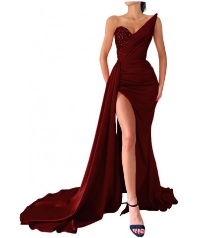 Women Beaded Formal Evening Gown High Slit Prom Party Dress Strapless Satin Wedding Guest Dress Burgundy $44.54 Dresses