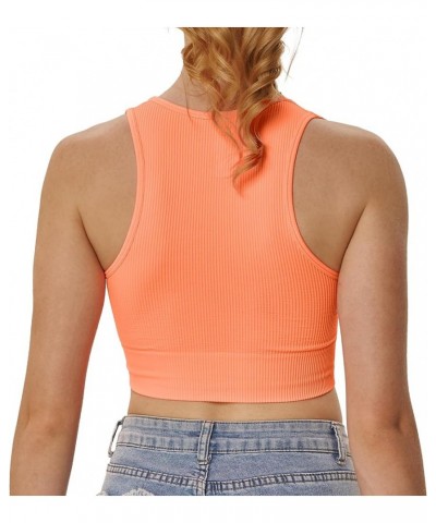 Women's 3 Pack Ribbed Racerback Crop Tank Top Seamless V-Neck Athletic Workout Cropped Tank Top Set Neon Pink $11.75 Tops