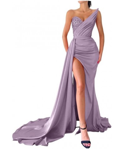 Women Beaded Formal Evening Gown High Slit Prom Party Dress Strapless Satin Wedding Guest Dress Burgundy $44.54 Dresses