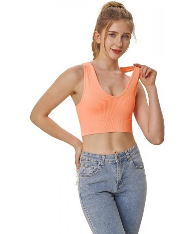 Women's 3 Pack Ribbed Racerback Crop Tank Top Seamless V-Neck Athletic Workout Cropped Tank Top Set Neon Pink $11.75 Tops