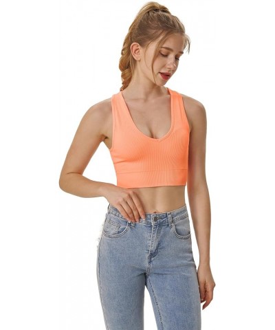 Women's 3 Pack Ribbed Racerback Crop Tank Top Seamless V-Neck Athletic Workout Cropped Tank Top Set Neon Pink $11.75 Tops