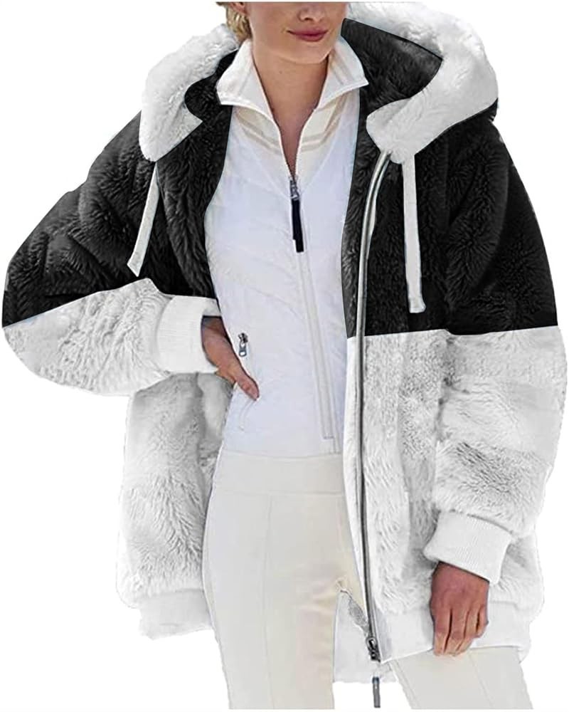 Winter Coats For Women,Women Fleece Hooded Jacket Warm Fuzzy Fluffy Sherpa Jacket Two Pockets Coat Outwear 5-black $19.14 Jac...