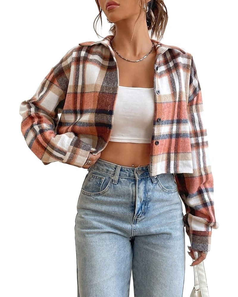 Women's Plaid Pattern Cropped Button Down Shirt Drop Shoulder Long Sleeve Blouse Black Orange $17.35 Blouses