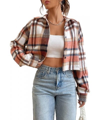 Women's Plaid Pattern Cropped Button Down Shirt Drop Shoulder Long Sleeve Blouse Black Orange $17.35 Blouses