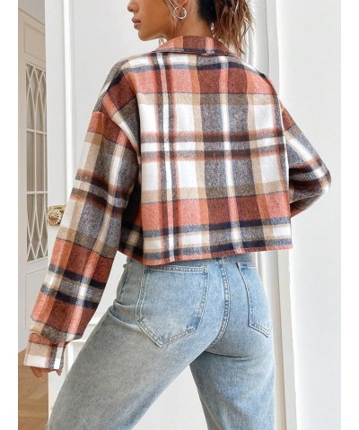 Women's Plaid Pattern Cropped Button Down Shirt Drop Shoulder Long Sleeve Blouse Black Orange $17.35 Blouses