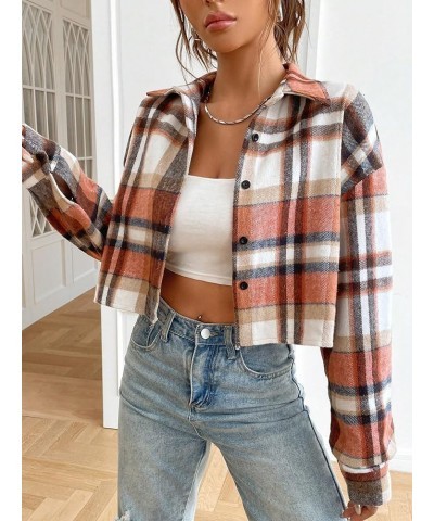 Women's Plaid Pattern Cropped Button Down Shirt Drop Shoulder Long Sleeve Blouse Black Orange $17.35 Blouses