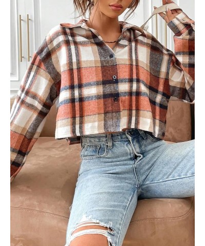 Women's Plaid Pattern Cropped Button Down Shirt Drop Shoulder Long Sleeve Blouse Black Orange $17.35 Blouses