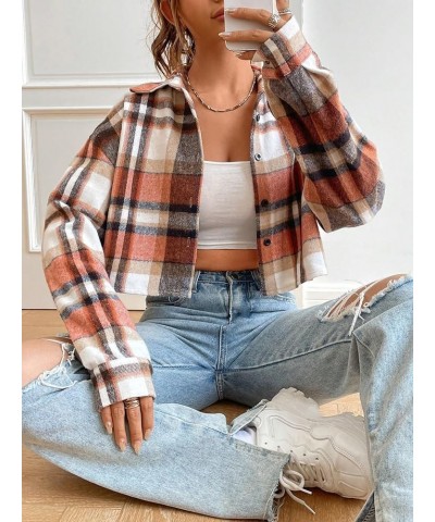 Women's Plaid Pattern Cropped Button Down Shirt Drop Shoulder Long Sleeve Blouse Black Orange $17.35 Blouses