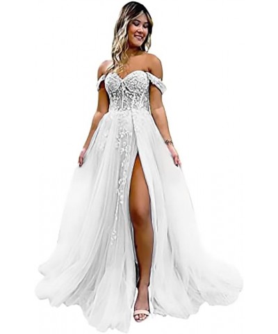 Women's Tulle Prom Dresses Lace Appliques Long Ball Gowns Strapless High Split Evening Dresses 2024 White $35.32 Dresses