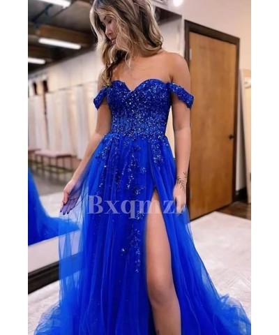 Women's Tulle Prom Dresses Lace Appliques Long Ball Gowns Strapless High Split Evening Dresses 2024 White $35.32 Dresses