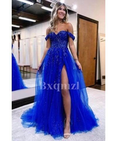 Women's Tulle Prom Dresses Lace Appliques Long Ball Gowns Strapless High Split Evening Dresses 2024 White $35.32 Dresses