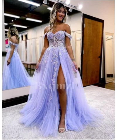 Women's Tulle Prom Dresses Lace Appliques Long Ball Gowns Strapless High Split Evening Dresses 2024 White $35.32 Dresses