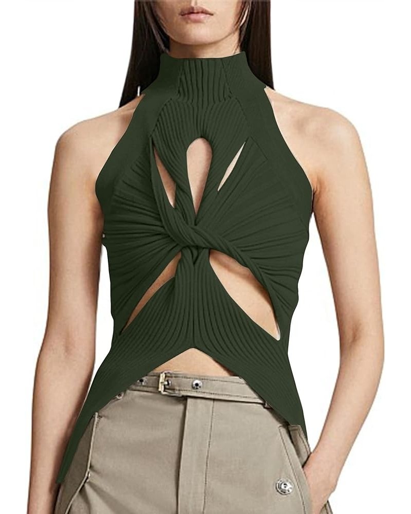 Women Sexy Hollow Out Twist Front Knitted Tank Tops Sleeveless High Neck Cut Out Sweater Vest Army Green $13.20 Sweaters