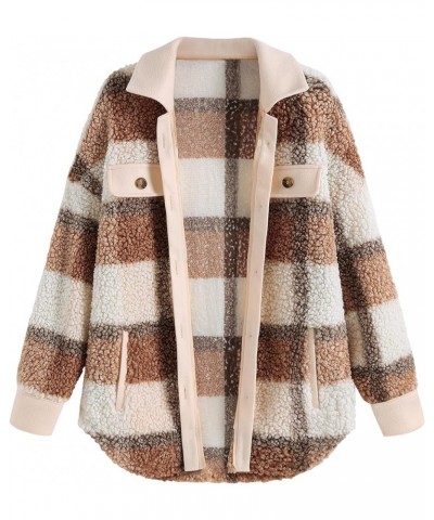 Women's Plaid Fleece Lined Hooded Jacket Button Up Oversized Fuzzy Coat Checkered Flannel Hoodie Jacket 95_khaki $18.45 Jackets