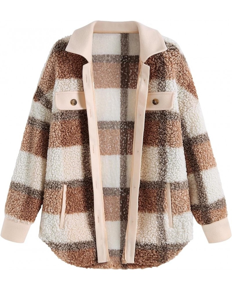 Women's Plaid Fleece Lined Hooded Jacket Button Up Oversized Fuzzy Coat Checkered Flannel Hoodie Jacket 95_khaki $18.45 Jackets