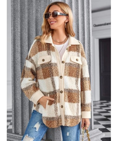 Women's Plaid Fleece Lined Hooded Jacket Button Up Oversized Fuzzy Coat Checkered Flannel Hoodie Jacket 95_khaki $18.45 Jackets