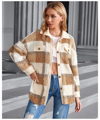 Women's Plaid Fleece Lined Hooded Jacket Button Up Oversized Fuzzy Coat Checkered Flannel Hoodie Jacket 95_khaki $18.45 Jackets