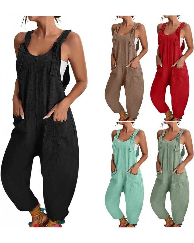 Jumpsuits for Women Sleeveless Summer Casual Solid Rompers Adjustable Strap Wide Leg Overalls with Pockets 2024 A-black $7.64...