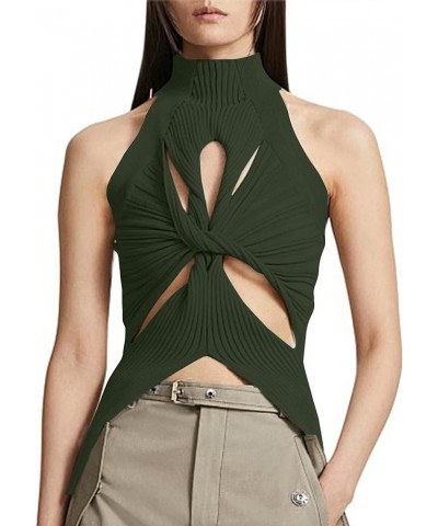 Women Sexy Hollow Out Twist Front Knitted Tank Tops Sleeveless High Neck Cut Out Sweater Vest Army Green $13.20 Sweaters