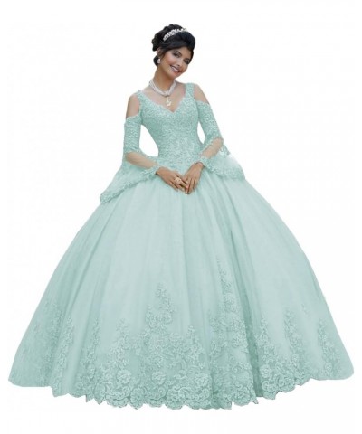 Long Sleeve Lace Quinceanera Dresses Ball Gown Princess Tulle Prom Gown for Sweet 15 16 Teens Sky Blue $77.42 Dresses