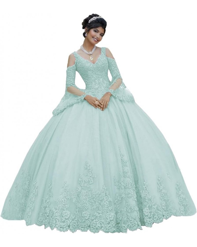 Long Sleeve Lace Quinceanera Dresses Ball Gown Princess Tulle Prom Gown for Sweet 15 16 Teens Sky Blue $77.42 Dresses