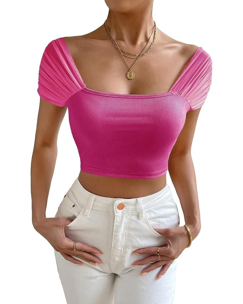 Women's Off Shoulder Ruched Short Sleeve Crop Top Tee Shirts Hot Pink $12.99 T-Shirts