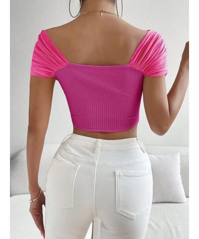 Women's Off Shoulder Ruched Short Sleeve Crop Top Tee Shirts Hot Pink $12.99 T-Shirts