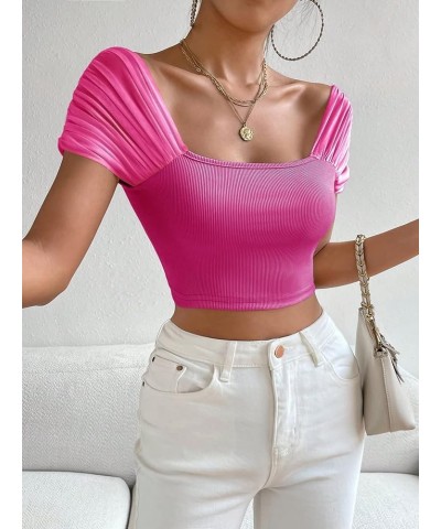 Women's Off Shoulder Ruched Short Sleeve Crop Top Tee Shirts Hot Pink $12.99 T-Shirts