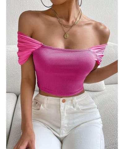 Women's Off Shoulder Ruched Short Sleeve Crop Top Tee Shirts Hot Pink $12.99 T-Shirts