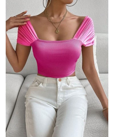 Women's Off Shoulder Ruched Short Sleeve Crop Top Tee Shirts Hot Pink $12.99 T-Shirts