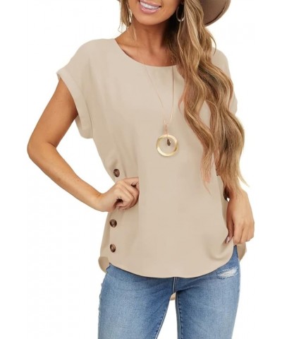 Womens Casual Short Sleeve Tops Dressy Crew Neck Side Button Shirts Blouse Beige $13.74 Blouses