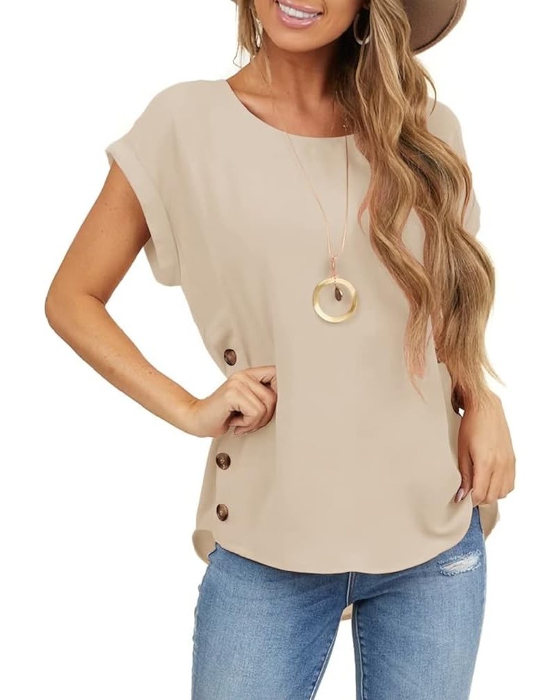 Womens Casual Short Sleeve Tops Dressy Crew Neck Side Button Shirts Blouse Beige $13.74 Blouses